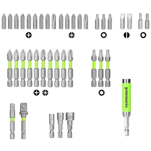 Набор бит, торцевых головок и адаптеров в кейсе Greenworks 2944207 (40 шт.) — детальное фото