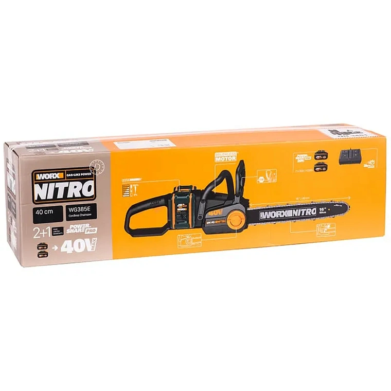 Пила цепная компактная WORX NITRO WG385E 40V 40см аккумуляторная бесщеточная